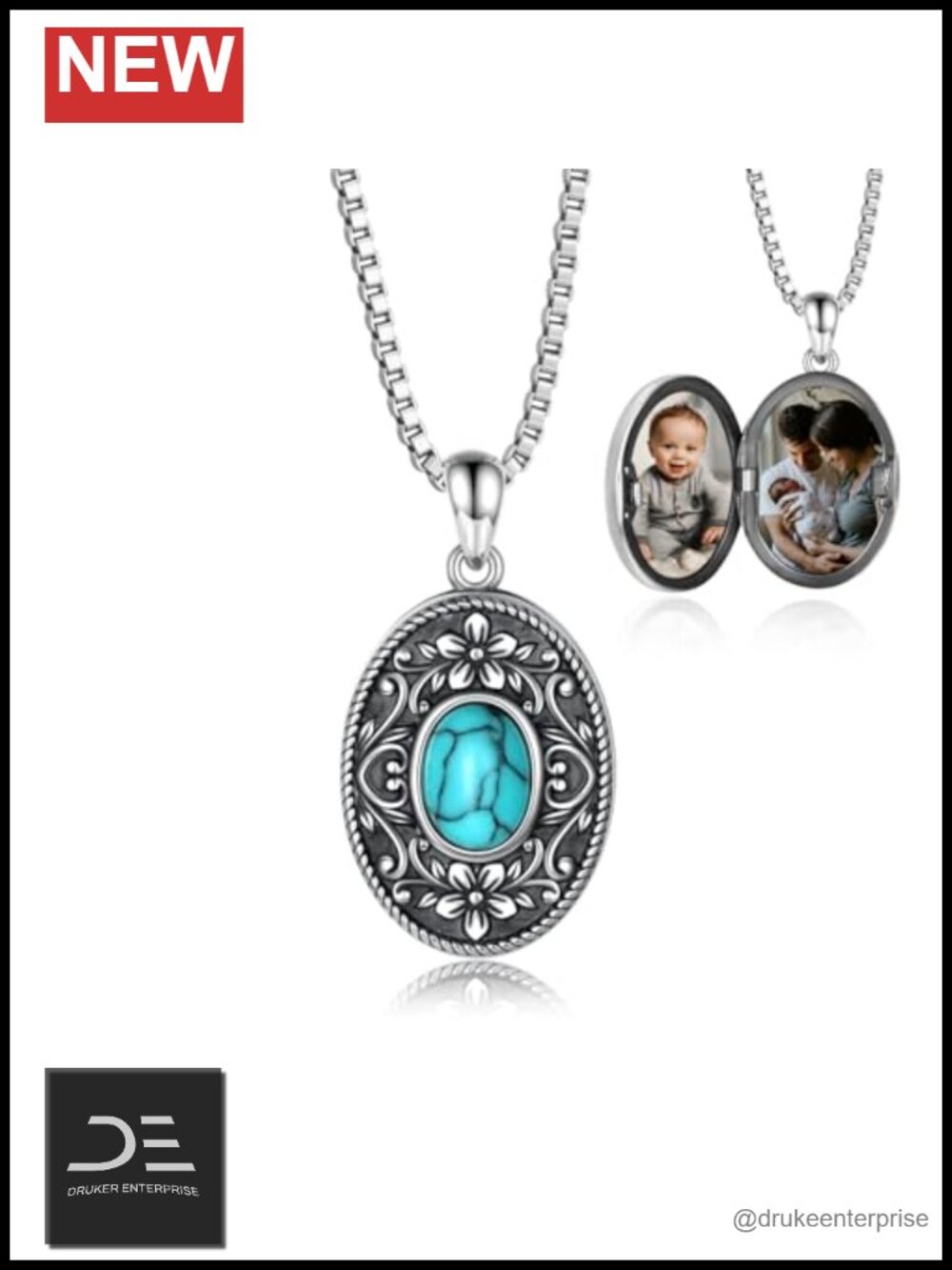 925 Sterling Silver Turquoise Locket Pendant with Photo Holder